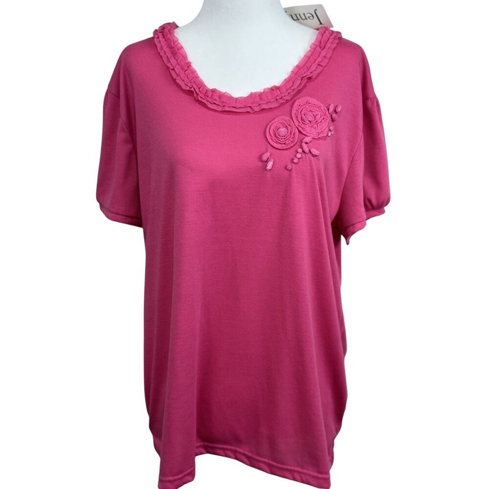 NEW Women Pink Short Sleeve Blouse Floral Cotton Ruffle Boho Romantic Casual Top